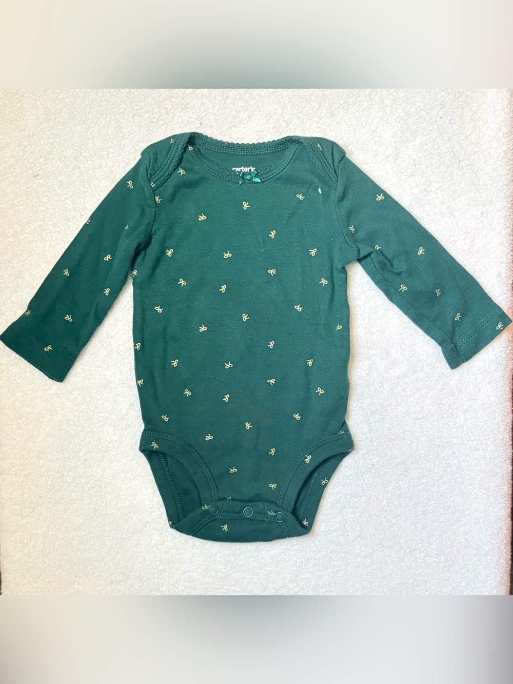 Carter's Dark Green Long-Sleeve Baby Bodysuit with Gold Micro Print Bows